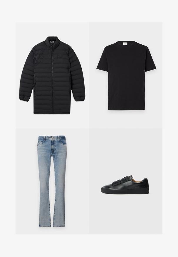 Must mustriline, pikitud pikk jakk esikoiu tõmbluku, tõmbelukuga küljetaskute ja püsti kraega, mis on varustatud EA7 Emporio Armani logoga rinnal ja krae sees.; Must must t-särk, millel on ümar kaelus ja lühikesed varrukad. Omab sirget lõiget ja minimaalset disaini, kaeluses on nähtav silt.; Heledad sinine denim flared teksased keskmise kõrgusega talje, viie taskuga ja pleekinud viimistlusega, varustatud tõmbluku ning metallist nööbiga.; Musthave nahkast kingad sujuva tekstuuriga, ümara toe jastringsidega sulgemisega. Omab paksu kummist tallat ja minimaalset brändi detaili.