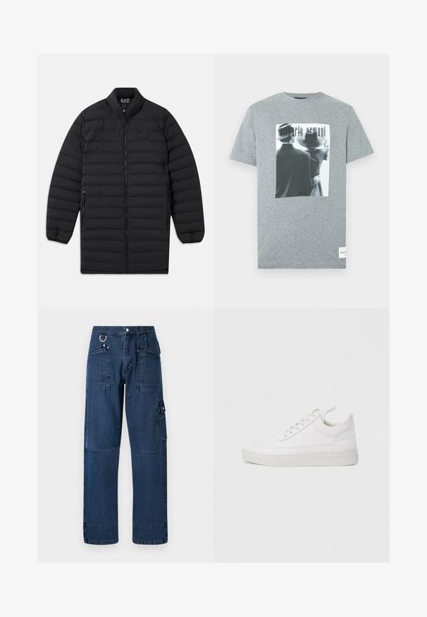 Zwarte gewatteerde lange jas met voorrits, ritszakken aan de zijkant en opstaande kraag, met het EA7 Emporio Armani-logo op de borst en binnenkant van de kraag.; Grijs katoenen T-shirt met een zwart-wit grafische print van twee personen, met de tekst "emporio armani" in een gestileerd lettertype.; Donkerblauwe denim cargo broek met een rechte snit, voorzien van meerdere zakken, metalen hardware en contrasterende stiksels.; Witte leren sneaker met een afgeronde neus, platte zool en veters aan de voorkant. Voorzien van stikseldetails en een gevoerde kraag voor comfort.