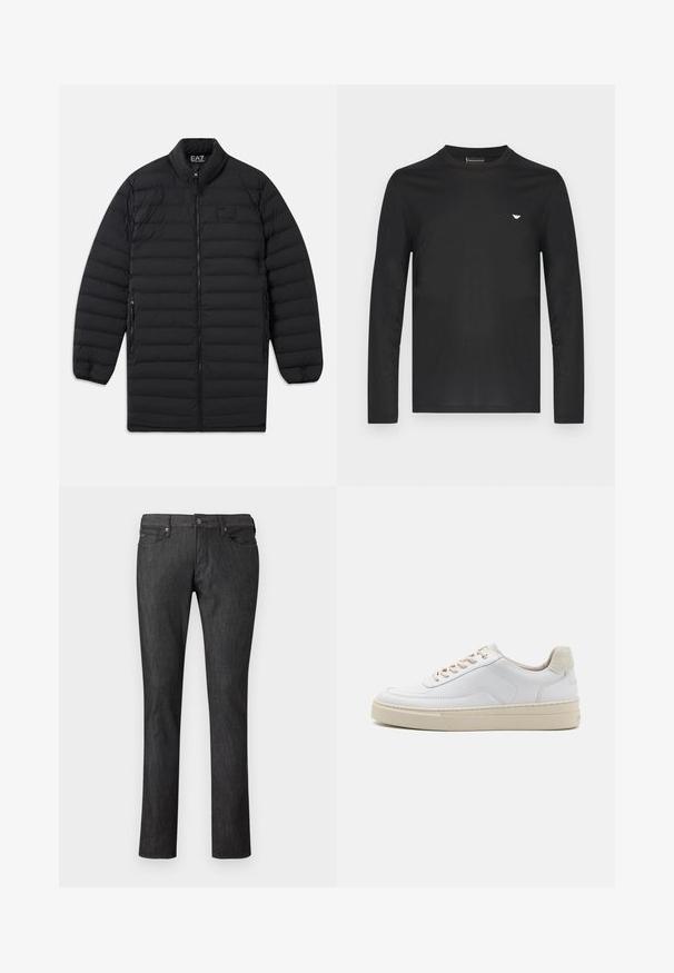 Manteau long matelassé noir avec fermeture avant à glissière, poches latérales zippées et col montant, arborant le logo EA7 Emporio Armani sur la poitrine et à l'intérieur du col.; T-shirt noir à manches longues en coton. Doté d'un col rond et d'un petit logo doré sur la poitrine gauche. Texture lisse, coupe ajustée.; Jean en denim foncé à coupe droite, avec poches avant, fermeture par bouton en métal, et détails de couture discrets.; Sneaker blanche avec un dessus en cuir lisse, des lacets beige et un onglet de talon en daim beige texturé. Semelle surélevée pour une hauteur supplémentaire.