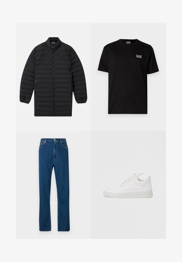 Schwarze, gesteppte Langjacke mit Frontreißverschluss, seitlichen Reißverschlusstaschen und Stehkragen, mit EA7 Emporio Armani-Logo auf der Brust und innen am Kragen.; Schwarzes Baumwoll-T-Shirt mit kurzen Ärmeln, Rundhalsausschnitt und kleinem weißen EA7-Logo auf der linken Brust. Glatte Textur, normale Passform.; Blaue Jeans mit hohem Bund, geradem Schnitt, Fünf-Taschen-Design und kontrastierendem orangefarbenem Nähen. Geschmeidige Textur.; Weißer Ledersneaker mit abgerundetem Zehenbereich, flacher Sohle und Schnürverschluss. Verfügt über Nahtdetails und einen gepolsterten Kragen für zusätzlichen Komfort.