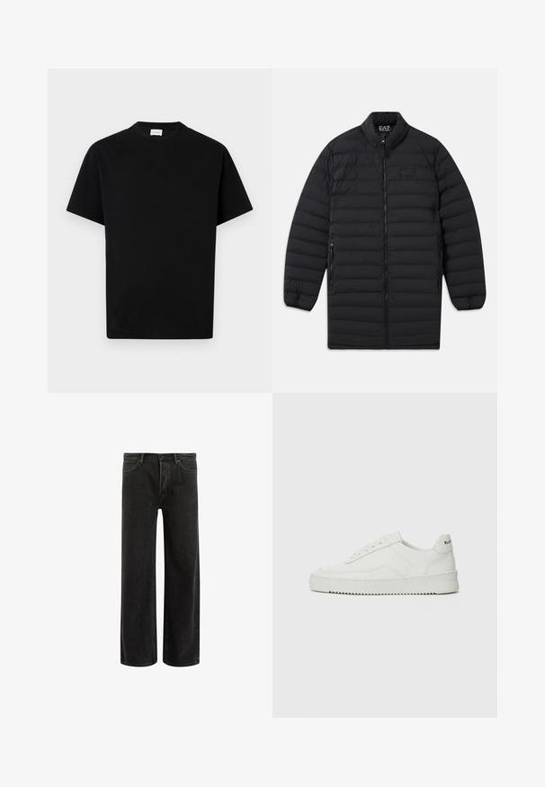 Sort quiltet lang jakke med frontlynlås, lynlåslommer på siden og høj krave, med EA7 Emporio Armani-logo på brystet og indvendig på kraven.; Sort bomuld t-shirt med rund hals, korte ærmer og lige snit. Ingen synlige mønstre eller hardwaredetaljer.; Sorte denim bredde ben jeans med høj talje, med klassisk fem-lomme design og subtil falmning for et tekstureret udseende.; Hvide lædersneakers med en glat overflade, rund tå, flade snørebånd og en tekstureret sål. Har et diskret logo på hælen.