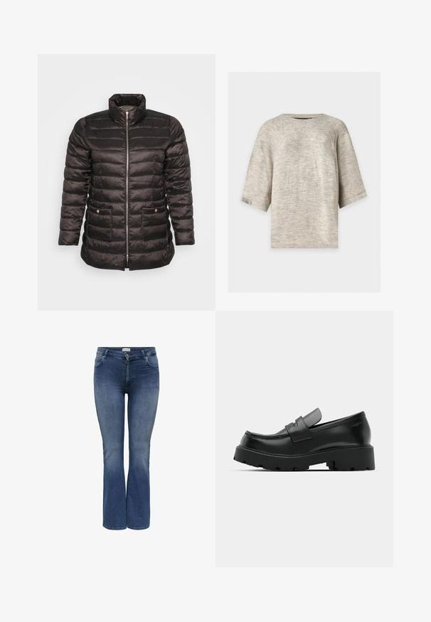 Sort dunjakke med høj krave, quiltet design, lynlås foran og to sidelommer med trykknapper. Glat, skinnende stof.; Lysegrå strikket sweater med trekvartlange ærmer og rund halsudskæring på en ensfarvet baggrund.; Denim flared jeans i mellemblå med en glat tekstur, der har forlommer og en lynlåslukning. Diskret slidte detaljer.; Sorte læder loafers med en chunky tekstureret sål, der har en rem over vamps og en glat, poleret finish.