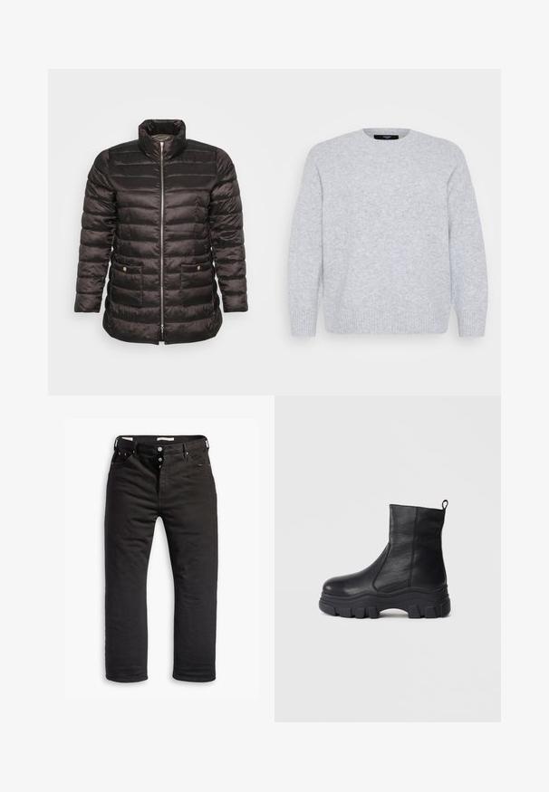 Schwarze Steppjacke mit hohem Kragen, gesteppter Optik, durchgehendem Reißverschluss und zwei seitlichen Taschen mit Druckknöpfen. Glatter, glänzender Stoff.; Vero Moda Curve Knitted VMCBOOM Knitted - Strickpullover - light grey melange; Schwarze Denim-Jeans mit geradem Bein, ausgestattet mit einem Knopfverschluss, fünf Taschen und dezentem Stickdetail. Angenehme Textur.; Schwarze Knöchelstiefel aus glattem Leder, mit einer robusten Gummisohle mit ausgeprägtem Profil und einer Schlaufe hinten für ein einfaches An- und Ausziehen.