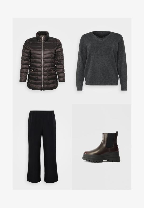 Veste matelassée noire avec un col haut, un design matelassé, une fermeture éclair à l'avant et deux poches latérales avec boutons-pression. Tissu lisse et brillant.; Pull en tricot gris foncé avec un col en V, des manches longues et une coupe décontractée. Texture douce, détails minimes et finition lisse.; Pantalons larges noirs en tissu lisse avec une taille élastique. Design simple, sans motifs ni éléments métalliques visibles.; Bottine en cuir marron avec des panneaux élastiques sur les côtés, semelle plateforme noire épaisse et tirette. Présente une finition lisse et un motif de semelle robuste.