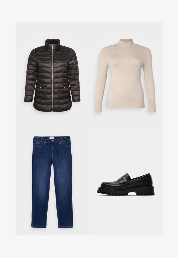 Schwarze Steppjacke mit hohem Kragen, gesteppter Optik, durchgehendem Reißverschluss und zwei seitlichen Taschen mit Druckknöpfen. Glatter, glänzender Stoff.; Beige Rollkragenpullover aus einem weichen Stoff, mit langen Ärmeln und gerippten Bündchen. Glatte Textur ohne Muster oder Verzierungen.; Dunkelblaue Denim-Jeans im geraden Schnitt, mit Fünf-Taschen-Design, sichtbaren Nähten und einem Metallknopfverschluss am Bund.; Schwarzer Leder-Slipper mit einer klobigen Sohle, die eine glatte Oberfläche und dezente Nahtdetails aufweist. Die Sohle hat tiefe Rillen für besseren Halt.