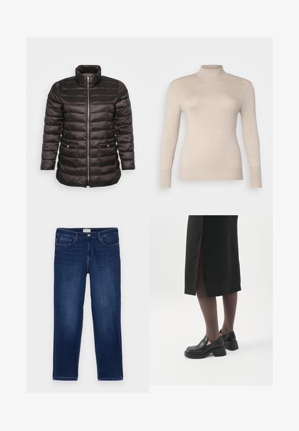 Sort dunjakke med høj krave, quiltet design, lynlås foran og to sidelommer med trykknapper. Glat, skinnende stof.; Beige højhalset sweater lavet af et blødt stof, med lange ærmer og ribbede manchetter. Glat tekstur uden mønstre eller udsmykninger.; Mørkeblå denim jeans med lige pasform, fem-lomme design, synlige sømme og en metalknaplukning i taljen.; Kvinde iført sorte loafers med chunky hæl, sorte tynde strømpebukser og en sort nederdel med slids bagpå på hvid baggrund.