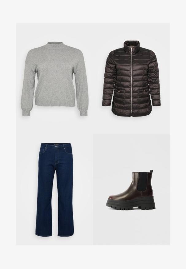 Sort dunjakke med høj krave, quiltet design, lynlås foran og to sidelommer med trykknapper. Glat, skinnende stof.; Lysegrå strikket sweater med lange ærmer, ribbestrikket rund hals, manchetter og kant, præsenteret på en hvid baggrund.; Mørkeblå denim jeans med lige pasform, der har en lynlås, fem lommer og synlige syninger.; Brun læder ankelstøvle med elastiske sidepaneler, chunky sort platformssål og pull tab. Har en glat overflade og robust mønster.