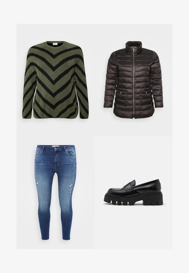 Sort dunjakke med høj krave, quiltet design, lynlås foran og to sidelommer med trykknapper. Glat, skinnende stof.; Grønt sweater med sorte chevron-striber. Rund halsudskæring, lange ærmer og blød tekstur. Lige kant med lette sideslidser.; Slim fit jeans lavet af denim med en mellemblå vask, der har slidte huller ved lårene og en standard talje med bæltestropper.; Sorte læder loafers med en chunky, tekstureret platformssål og en dekorativ rem over toppen. Glat, blank finish.