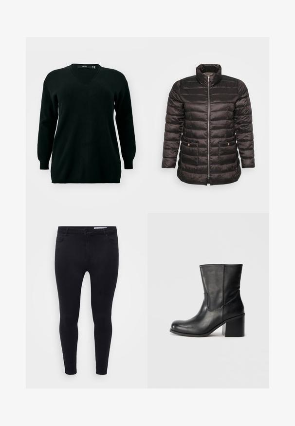Veste matelassée noire avec un col haut, un design matelassé, une fermeture éclair à l'avant et deux poches latérales avec boutons-pression. Tissu lisse et brillant.; Vero Moda Curve VMCGOLD ROLL LONG VNECK - Pullover - black; Jean slim noir en denim extensible, avec une fermeture à bouton à l'avant, des passants de ceinture et cinq poches, offrant une texture lisse.; Bottine en cuir noir à bout rond, détails de coutures latérales et talon bloc épais. Texture lisse et design minimaliste.