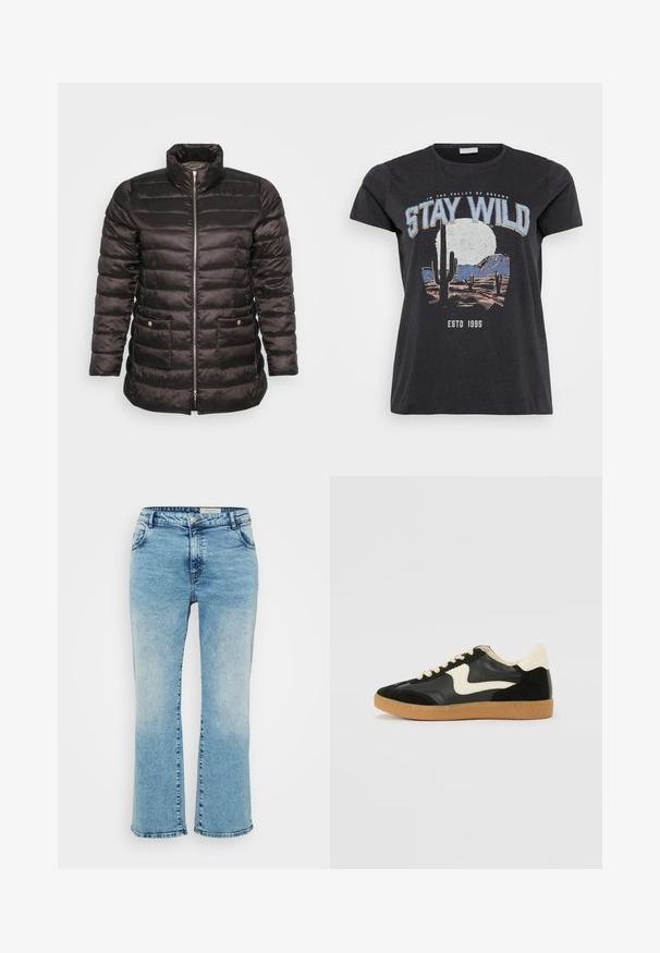 Schwarze Steppjacke mit hohem Kragen, gesteppter Optik, durchgehendem Reißverschluss und zwei seitlichen Taschen mit Druckknöpfen. Glatter, glänzender Stoff.; Schwarzes Baumwoll-T-Shirt mit einem grafischen Druck einer Wüstenlandschaft mit Kakteen, einem Mond und dem Schriftzug "STAY WILD" in blauer Schrift.; Hellblaue Denim-Jeans mit geradem Schnitt, Knopfverschluss, fünf Taschen und dezentem Ausbleichen an den Knien.; Schwarze Wildleder- und Leder-Sneaker mit einem cremefarbenen Seiten-Swoosh und einer hellcremefarbenen Ferse. Ausgestattet mit beige Schnürsenkeln und einer Gummilaufsohle.