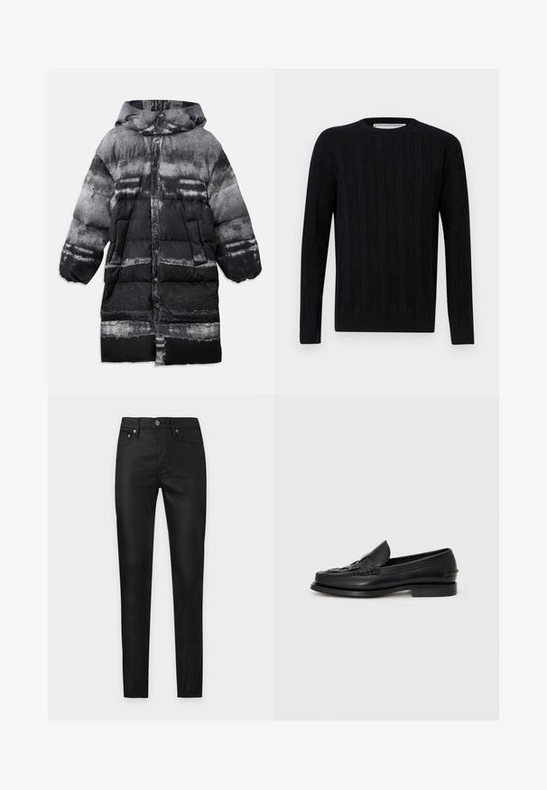 Manteau rembourré noir et gris avec capuche, présentant un motif abstrait, des boutons-pression et des poches latérales. Texture douce et isolante.; Pull noir à manches longues avec col rond, rayures texturées verticales et motif du nom de la marque en relief sur toute la surface.; Pantalon noir slim fit avec bouton à l'avant, fermeture éclair et design cinq poches, présenté sur un fond clair uni.; Mocassin en cuir noir avec un détail tissé à l'avant, bout arrondi et petit talon. Texture lisse et design minimaliste.