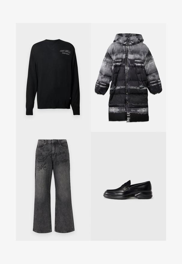 Abrigo acolchado negro y gris con capucha, que presenta un patrón abstracto, botones a presión y bolsillos laterales. Textura suave e insulated.; Suéter de punto negro con mangas largas, cuello redondo y puños acanalados. Presenta "JUST CAVALLI" y "FIRED EARTH" bordados en blanco.; Vaqueros negros lavado con pierna recta, bolsillos delanteros y un sutil texto bordado "Me Inspire Fashion" en la parte superior delantera.; Mocasines de piel negra con una suela de goma texturizada y baja, y un diseño de costura en la parte superior. Presenta una punta redondeada y mínimas ornamentaciones.