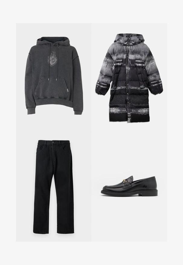 Manteau rembourré noir et gris avec capuche, présentant un motif abstrait, des boutons-pression et des poches latérales. Texture douce et isolante.; Sweat à capuche gris foncé, en tissu doux. Il comporte une poche avant et un motif de cœur brodé. Coupe ample avec poignets côtelés.; Jeans noirs en denim, dotés d'un design classique à cinq poches, coupe droite et fermeture à bouton. Texture lisse, sans motifs visibles.; Mocassins en cuir noir avec un embout rond, présentant des accents en métal doré et des détails de couture, montés sur une semelle en caoutchouc texturé et basse.