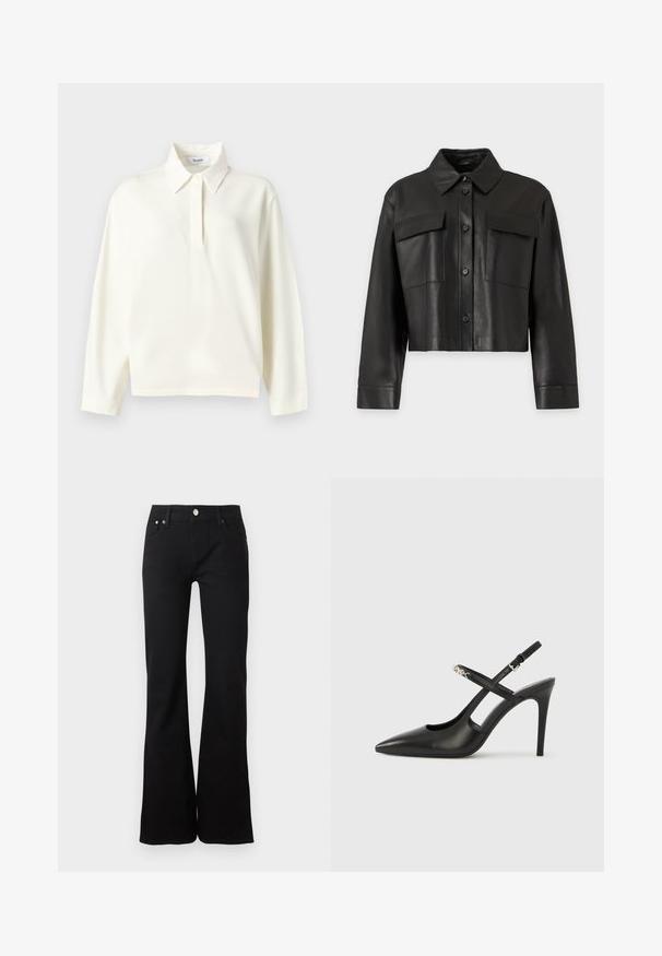 Veste en cuir noire courte avec manches longues, fermeture à boutons sur le devant, col pointu et deux poches poitrine à rabat sur un fond uni.; Polo blanc à manches longues avec col pointu et patte de boutonnage dissimulée, présenté sur un fond clair uni.; Jean noir taille haute avec jambe évasée, fermeture devant par bouton et zip, et design classique à cinq poches.; Escarpins slingback en cuir noir avec bout pointu, design ajouré et bride ajustable ornée de ferrures métalliques.