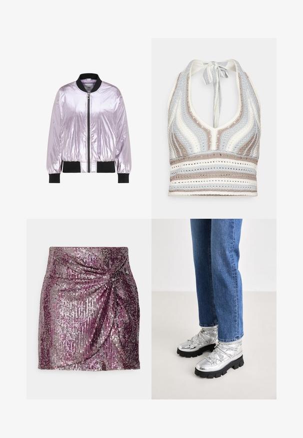 Blouson bomber brillant violet clair avec col, poignets et ourlet côtelés noirs, doté d'une fermeture éclair frontale avec un tirette en forme de cœur.; Haut halter en crochet avec des rayures bleu clair, beige et blanc, doté d'un décolleté en V profond et d'un lien dans le dos. Texture en torsion ouverte sur l'ensemble.; Jupe mini en sequins présentant un dégradé de violet et d'argent avec un design drapé à l'avant et une silhouette moulante. Texture lisse et finition scintillante.; Bottines argentées métalliques avec une semelle noire robuste, présentant un dessus rembourré et des lacets, associées à un jean droit bleu.