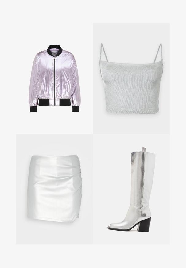 Glanzend lichtpaarse bomberjas met zwarte geribbelde kraag, manchetten en zoom, met een voorste ritssluiting met een hartvormige trekker.; Zilverkleurige metallic gebreide crop top met dunne verstelbare bandjes. Strak model en gladde textuur. Geen patronen of zichtbare hardware details.; Even&Odd by Zalando Shorts - silver; Kniehoog zilveren leren laarzen met een vierkante neus, benadrukt door een glanzende metallic afwerking en een stevige zwarte blokhak.