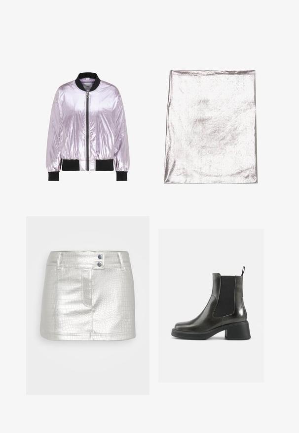 Blouson bomber brillant violet clair avec col, poignets et ourlet côtelés noirs, doté d'une fermeture éclair frontale avec un tirette en forme de cœur.; Tissu argenté métallique avec une texture lisse et un léger éclat. Forme rectangulaire, bords soigneusement cousus, sans motifs ou accents marquants.; Jupe en cuir synthétique argenté avec un motif crocodile texturé, dotée de deux accents de boutons bleus et d'un design ajusté.; Bottines noires en cuir avec une finition lisse, des panneaux latéraux élastiques et un talon épais. Dispose d'une languette pour un enfilage plus facile.