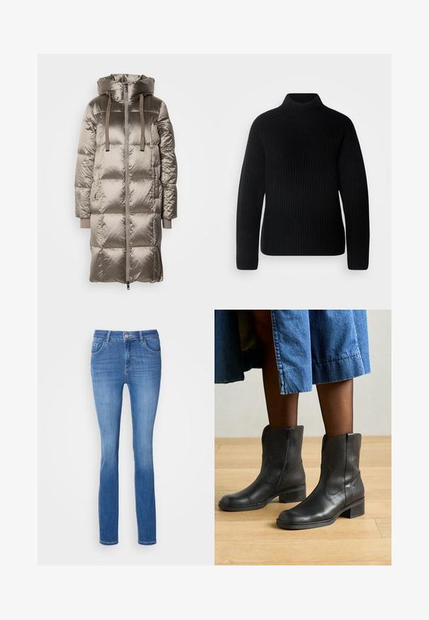 Lang, polstret frakke med en skinnende, taupe ydre, hætte, snorebetjening og ribbede manchetter. Lynlås foran med lommer.; Sort turtleneck sweater lavet af ribbet stof. Har lange ærmer og et tætsiddende design med en højere halsudskæring. Blød tekstur.; Blå denim jeans med en tætsiddende pasform, fem lommer og et diskret falmet mønster. Fremstillet af blødt, strækbart stof med en standard knaplukning.; Sorte læder ankelstøvler med en lav blokhæl, dekorativ syning og sidelukninger, båret med en denimskirt. Baggrund med trægulv.