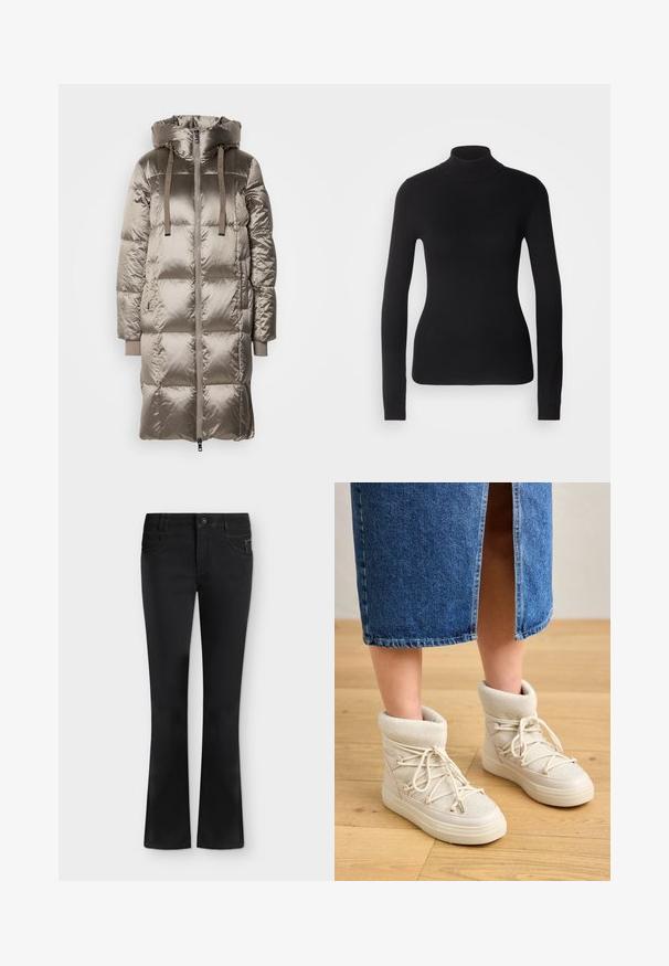 Lang, polstret frakke med en skinnende, taupe ydre, hætte, snorebetjening og ribbede manchetter. Lynlås foran med lommer.; Sort turtleneck sweater lavet af let strikket stof. Har lange ærmer, et tætsiddende design og en blød ribbet tekstur.; Sorte bootcut jeans med forreste knap, lynlås, bæltestropper og forlommer, lagt fladt på en hvid baggrund.; Beige ankelstøvler med en blød, strikket kant og hvide snørebånd. Sålen er tyk og struktureret, parret med en blå denimnederdel.