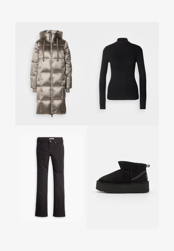 Manteau long rembourré avec un extérieur brillant taupe, une capuche, des accents avec cordon de serrage et des poignets côtelés. Fermeture zippée à l'avant avec poches.; Pull à col roulé noir en maille légère. Il possède des manches longues, une coupe ajustée et une texture côtelée douce.; Jean noir en denim, avec une coupe droite, taille standard, cinq poches et des détails de couture subtils.; Bottines en suede noir avec un bout arrondi, des côtés élastiques et une épaisse semelle noire plateforme. Comprend des coutures visibles et une languette à l'arrière.