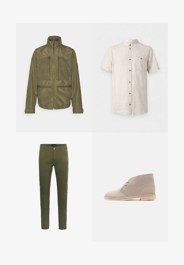 Jack & Jones JCOFILO - Letná bunda - olive; Béžová ľanová košeľa s krátkym rukávom a mandarinovým golierom, hnedé gombíky vpredu a na ľavej náprsnej vrecku, zobrazená na bielom pozadí.; Olivovo zelené nohavice vyrobené z mäkkej bavlnenej zmesi, s predným zapínaním na gombík, pútkami na opasok a úzkym strihom.; Béžová semišová členková obuv s dvojitým očkom na šnurovanie, podrážkou z krepy a nízkym stĺpovým podpätkom, zobrazená z boku na jednoduchom pozadí.