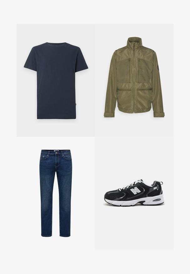 Jack & Jones JCOFILO - Letná bunda - olive; Jednoduché tmavomodré tričko s krátkym rukávom a okrúhlym výstrihom, s malou bielou značkovou etiketu SELECTED vo vnútri goliera.; Rovné tmavomodré denimové rifle s prednými vreckami, pútkami na opasok, zapínaním na gombíky a jemným efektom blednutia.; Čierne a šedé športové topánky s hornou časťou z mikrovlákna a zamatu, s bielou medzipodrážkou, šnúrkami a výrazným logom "N" na boku.