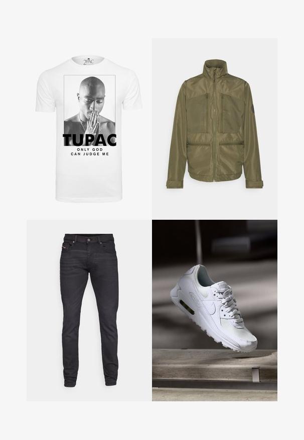 Jack & Jones JCOFILO - Suvejakk - olive; Valge puuvillane T-särk, millel on must-valge graafika mehest, kes hoiab käsi koos palveasendis, koos tekstiga "TUPAC" ja "AINULT JUMAL VÕIB MIND HÕISTADA."; Saledad tumedad mustad teksniga, viie taskuga, vöökohad ja metallist nööpkinni. Eesmistaskul on peene bränding.; Valged Nike Air Max 90 sneakers, millel on võrkkangast ja nahast ülemine osa, aukudega varbadosa ning nähtav õhuüksus kandades.