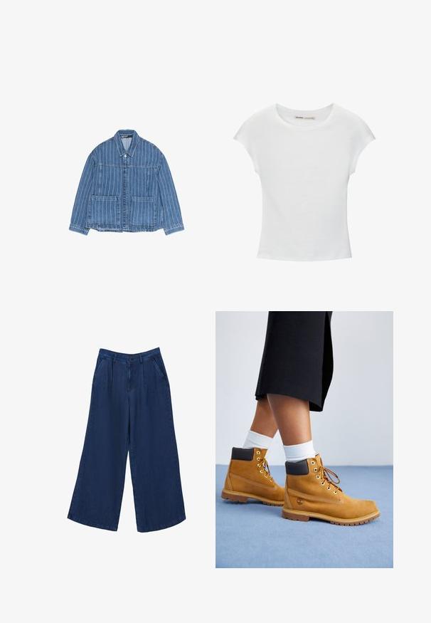 Blauwe spijkerjack met witte verticale krijtstrepen, twee voorzakken, knopen aan de voorkant en een kraag.; Witte katoenen T-shirt met korte, opgerolde mouwen, een ronde halslijn en een rechte zoom. Gladde textuur zonder zichtbare patronen of accenten.; Brede denim broeken in donkerblauw. Kenmerken zijn twee voorzakken, een knoopsluiting en een gladde textuur met een lichtgewicht stof.; Tan suède enkellaarsjes met bruine leren accenten, gouden oogjes en een getextureerde zool. Witte sokken zichtbaar boven de laarsjes.