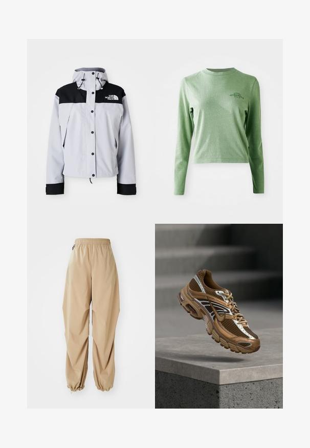 Hele hall hall ja must kapuutsiga jakk esipaneelil nööpidega, reguleeritavate paeltega ja The North Face logo rinnal.; Hele roheline pika varrukaga t-särk, mis on valmistatud pehmest puuvillast, koos ümarate kaelustega ja väikese trükitud logoga ülemisel vasakul küljel.; Beežid kerged püksid elastse vöökohtaga, kitsenevate sääreotsadega ja sileda tekstuuriga. Püksid on lõdva lõikega ning neil ei ole nähtavaid mustreid ega kaunistusi.; Pruun ja beež Nike toss võrgumaterjali ja peegeldavate detailidega, hõljumas betoonserva kohal udus halli tausta taustal.