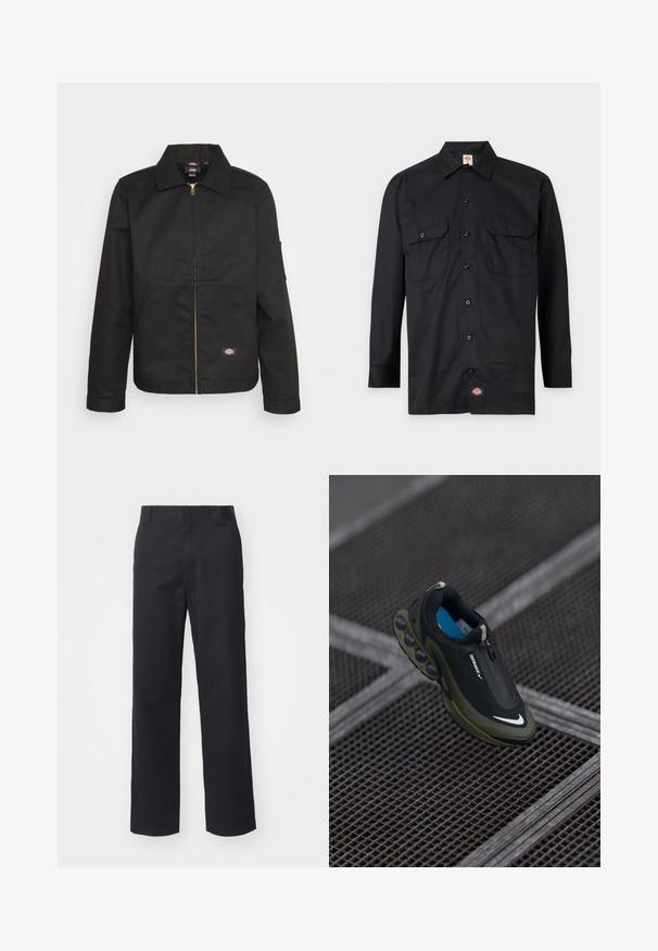 Zwarte zip-up jas met een kraag, voorzien van twee voorkruimelpockets en een klein logo aan de onderkant. Gemaakt van stevig materiaal met een gladde textuur.; Zwart overhemd met lange mouwen en knopen, met twee borstzakken met klep aan de voorkant en een klein Dickies-logo label dicht bij de onderste zoom.; Zwarte rechte broek van een katoenmix. Heeft een platte tailleband met riemlussen en geen zichtbare hardware of versieringen.; Zwarte en olijfgroene Nike Air Max-schoen met een gladde bovenkant, ritssluiting en onderscheidende luchtkussens op de zool. Blauwe binnenzool zichtbaar.