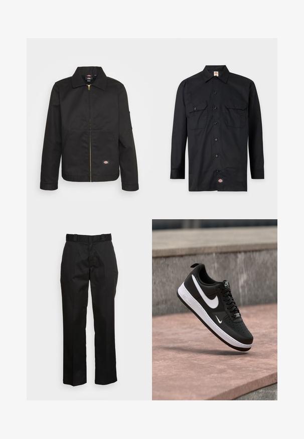 Veste noire zippée avec un col, dotée de deux poches avant et d'un petit logo sur le côté inférieur. Fabriquée en tissu résistant avec une texture lisse.; Chemise noire à manches longues avec boutons, deux poches à rabat à l'avant et une petite étiquette avec le logo Dickies près de l'ourlet inférieur.; Pantalons noirs en tissu lisse, avec une coupe droite, des passants de ceinture et deux poches latérales. Look classique sans embellissements.; Baskets Nike Air Force 1 noir et blanc suspendues au-dessus d'une surface en béton rose avec un fond en pierre grise.