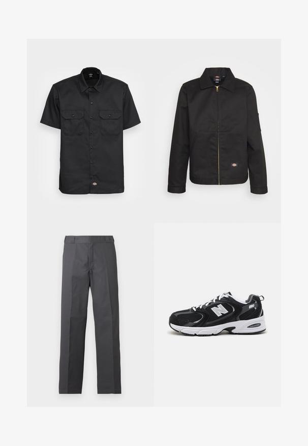 Veste noire zippée avec un col, dotée de deux poches avant et d'un petit logo sur le côté inférieur. Fabriquée en tissu résistant avec une texture lisse.; Chemise noire à manches courtes en tissu lisse ; présente deux poches poitrine avec rabat, fermeture à bouton et un col classique.; Pantalon gris foncé à jambes droites avec un devant plat et sans poches visibles, présenté sur un fond blanc uni.; Baskets de sport noires et grises avec un tige en mesh et en suède, présentant une semelle intermédiaire blanche, des lacets et un logo "N" audacieux sur le côté.