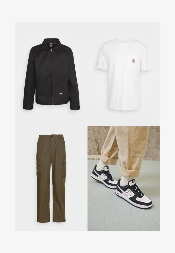 Sort zip-up jakke med krave, der har to forlommer og et lille logo på den nederste del. Lavet af kraftigt stof med en glat overflade.; Hvid bomulds T-shirt med korte ærmer, en brystlomme, og et lille firkantet logo patch i orange og hvid på lommen.; Cargo bukser i olivengrøn, lavet af slidstærkt stof. Har to sidelommer, en standard talje og en lige ben design.; Sorte og hvide Nike Air Force 1 sneakers med læderoverdel, perforeret tå og tekstureret såldetalje, båret med rullede beige bukser og hvide sokker.
