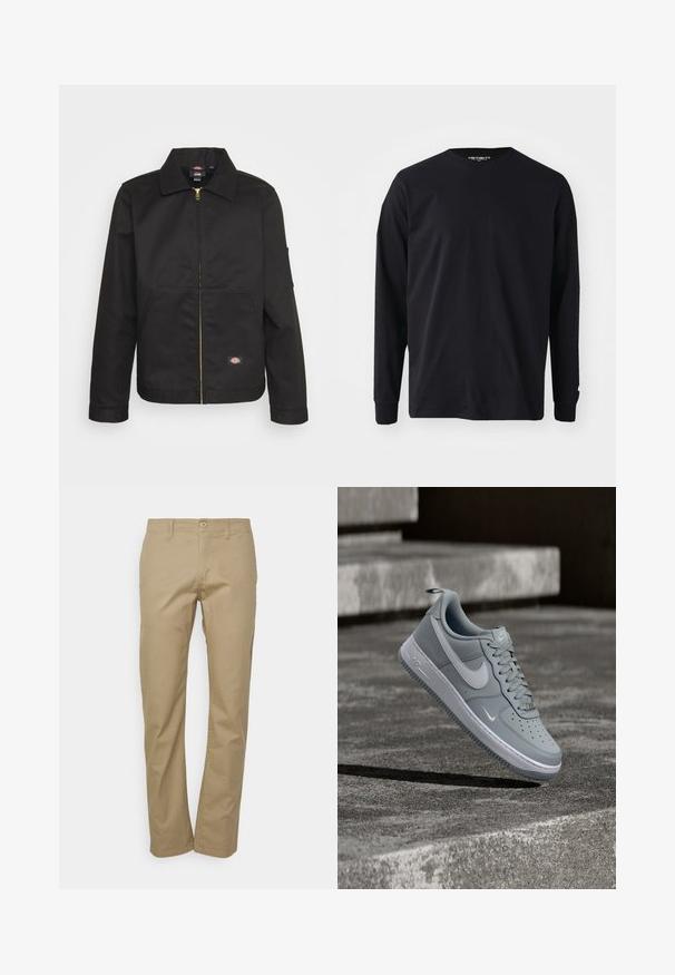 Sort zip-up jakke med krave, der har to forlommer og et lille logo på den nederste del. Lavet af kraftigt stof med en glat overflade.; Sort langærmet t-shirt lavet af bomuld, med rund halsudskæring og lige pasform, samt et lille logodetalje på ærmet.; Beige chinos med lige ben, der har knaplukning, bæltesløjfer og en glat bomuldsstoftekstur.; Grå Nike Air Force 1 sneaker med hvid Swoosh-logo, svævende over en tekstureret betonoverflade med trapper i baggrunden.