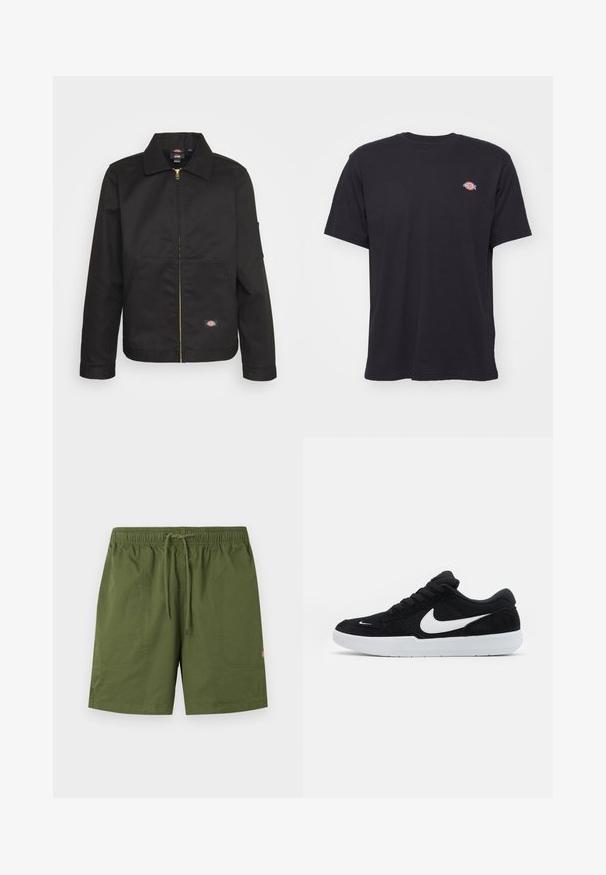 Veste noire zippée avec un col, dotée de deux poches avant et d'un petit logo sur le côté inférieur. Fabriquée en tissu résistant avec une texture lisse.; T-shirt noir à manches courtes et col rond avec un petit logo Dickies coloré sur la poitrine gauche, sur un fond uni.; Shorts vert olive avec ceinture élastique et cordon de serrage à l'avant, comprenant deux grandes poches avant et un petit logo sur la cuisse droite.; Baskets en suède noires avec accents blancs, dotées d'une pointe arrondie, d'une semelle blanche épaisse et de lacets noirs. Logo Nike blanc bien visible sur le côté.