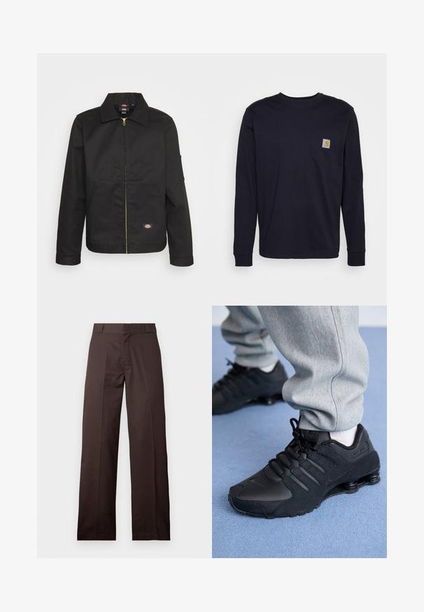 Veste noire zippée avec un col, dotée de deux poches avant et d'un petit logo sur le côté inférieur. Fabriquée en tissu résistant avec une texture lisse.; T-shirt à manches longues bleu marine en coton, avec une poche sur la poitrine et un écusson de logo. Ourlet droit et poignets côtelés.; Pantalon marron droit avec passants de ceinture et fermeture éclair à l'avant, présenté sur un fond clair uni.; Personne portant des baskets Nike Shox noires et un pantalon de survêtement gris, debout sur un tapis bleu clair.