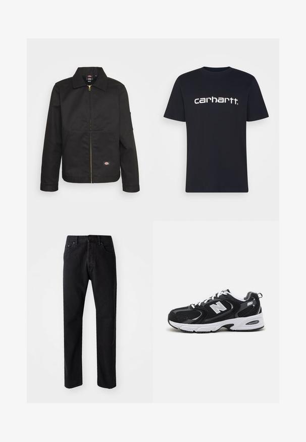 Zwarte zip-up jas met een kraag, voorzien van twee voorkruimelpockets en een klein logo aan de onderkant. Gemaakt van stevig materiaal met een gladde textuur.; Zwarte katoenen t-shirt met korte mouwen en ronde hals; heeft het witte "carhartt" logo dat op de borst is bedrukt. Glad textuur, eenvoudig ontwerp.; Zwarte denim jeans met een rechte snit, vijf zakken en een knoopsluiting. Heeft zichtbare stiksels en een zachte, gestructureerde stof.; Zwarte en grijze sport schoenen met een bovenwerk van mesh en suede, voorzien van een witte tussenzool, veters en een gedurfde "N"-logo aan de zijkant.