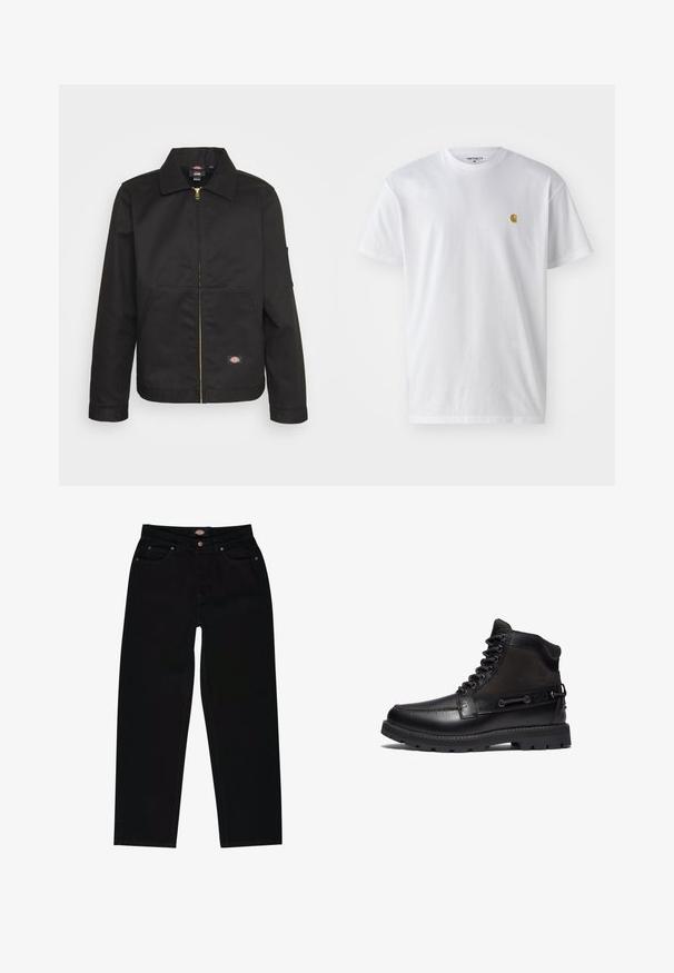 Sort zip-up jakke med krave, der har to forlommer og et lille logo på den nederste del. Lavet af kraftigt stof med en glat overflade.; Hvid bomulds t-shirt med korte ærmer, rund hals og et lille guld logo på venstre brystområde. Blød tekstur og almindelig pasform.; Sorte denim jeans med lige pasform, der har fem lommer, brun syning og lynlåslukning. Glat tekstur og holdbart materiale.; Timberland BRITTON ROAD EYE MOC-TOE - Snørestøvletter - black