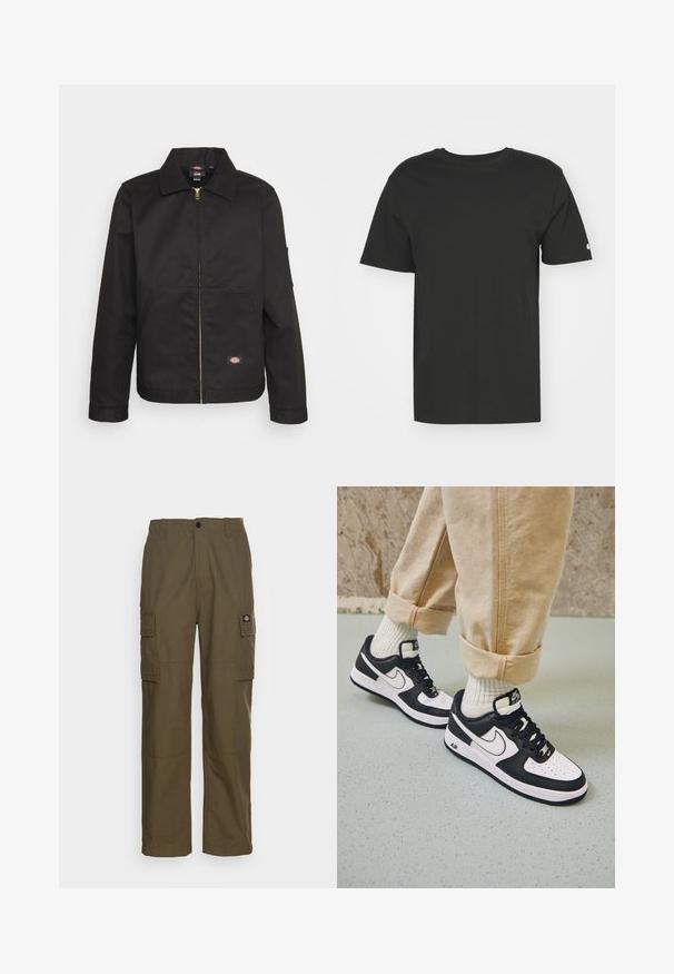 Sort zip-up jakke med krave, der har to forlommer og et lille logo på den nederste del. Lavet af kraftigt stof med en glat overflade.; Sort T-shirt lavet af blød bomuld, med korte ærmer og rund hals. Enkel design med et lille logo på venstre ærme.; Cargo bukser i olivengrøn, lavet af slidstærkt stof. Har to sidelommer, en standard talje og en lige ben design.; Sorte og hvide Nike Air Force 1 sneakers med læderoverdel, perforeret tå og tekstureret såldetalje, båret med rullede beige bukser og hvide sokker.