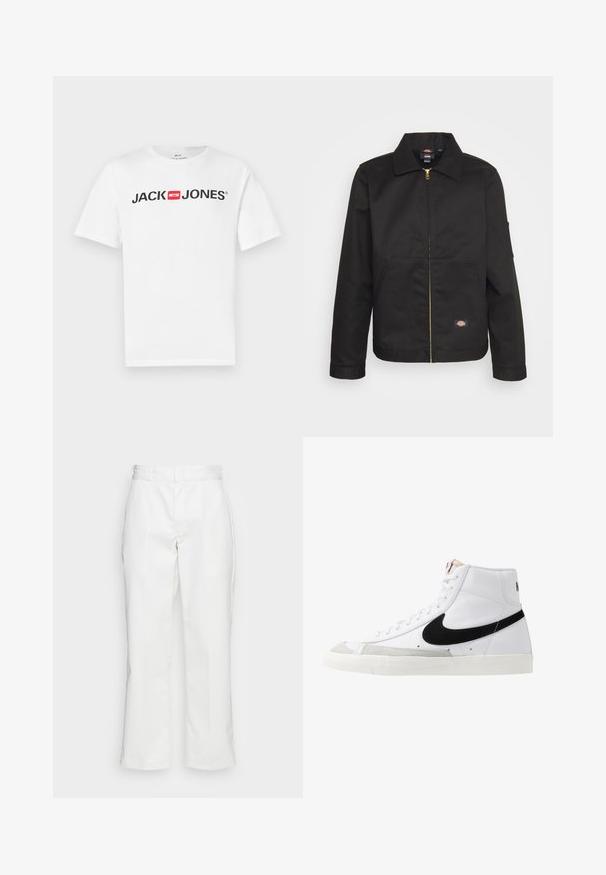 Sort zip-up jakke med krave, der har to forlommer og et lille logo på den nederste del. Lavet af kraftigt stof med en glat overflade.; Hvid bomulds-T-shirt med stort sort "JACK & JONES" logo med en rød boksdetalje. Korte ærmer og klassisk rund hals.; Hvide bomuldsbukser med lige ben-design, bæltestropper og sidelommer, med en glat overflade og minimal detajlering.; Hvide høje sneakers med et sort swoosh, struktureret grå tåhætte og flad hvid sål. Har seks snørrehuller og syede detaljer.