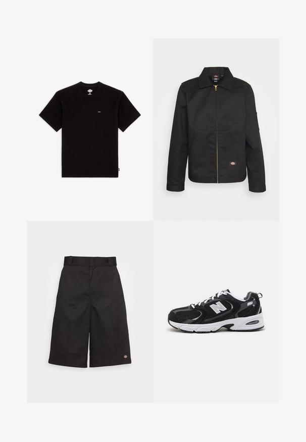 Chaqueta negra con cremallera y cuello, que cuenta con dos bolsillos frontales y un pequeño logo en el lado inferior. Fabricada con un tejido resistente y de textura suave.; Camiseta de algodón negra con mangas cortas, cuello redondo, presenta una pequeña etiqueta de logo en el pecho y un diseño liso sin patrones ni acentos.; Bermudas de algodón negras de corte recto, hasta la rodilla, con un logotipo visible en el dobladillo y una textura suave.; Zapatillas deportivas en negro y gris con parte superior de malla y ante, que cuentan con una entresuela blanca, cordones y un llamativo logo "N" en el lateral.