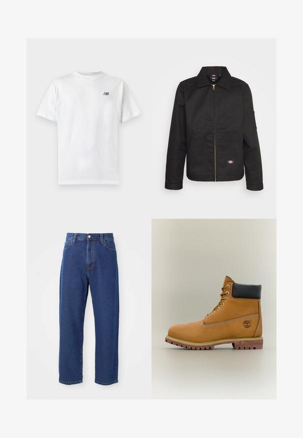 Zwarte zip-up jas met een kraag, voorzien van twee voorkruimelpockets en een klein logo aan de onderkant. Gemaakt van stevig materiaal met een gladde textuur.; Witte T-shirt met korte mouwen en ronde hals met een klein zwart New Balance-logo op de linker bovenkant van de borst op een effen lichte achtergrond.; Hoge taille blauwe jeans van denim, met een rechte pijp silhouet, zichtbare stiksels en een sluiting met een voorknoop.; Bruine leren enkellaars met zwarte kraag, gele veters en een zandkleurige zool. Voorzien van een logo en witte stikseldetails. Robuuste loopzool met grip.