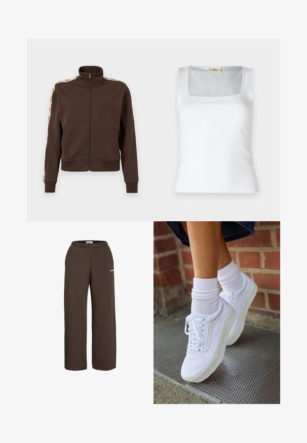 Bruine zip-up jas van zachte stof, met een hoge kraag, zijzakken en patroonelementen langs de schouders. Ribgebreide manchetten en zoom.; Witte tanktop met vierkante halslijn, gemaakt van zachte stof. Beschikt over brede bandjes en een aansluitende pasvorm. Geen zichtbare patronen of versieringen.; Bruine sweatpants met wijde pijpen, elastische tailleband en een klein wit tekstlogo op het bovenbeen, tegen een witte achtergrond.; Witte canvas sneakers met rubberen zolen, voorzien van zes vetertjes, een ronde neus en lichte stikdetails, gecombineerd met witte enkelsokken.