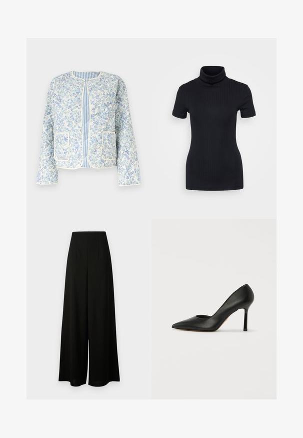 Lyseblå quiltet jakke med blomstermønster, hvid kant, to forlommer og blå-hvidstribet for. Ingen krave, lange ærmer.; Sorte ribbede turtleneck top, korte ærmer, tætsiddende design, blød tekstur, minimale sømme og en høj krave.; Vero Moda Tall VMLIVA SUPER WIDE PANTS - Bukser - black; Sorte læder højhælede pumpe med spids tå og en slank stiletto hæl. Overdelen har en glat overflade og ingen dekorationer.