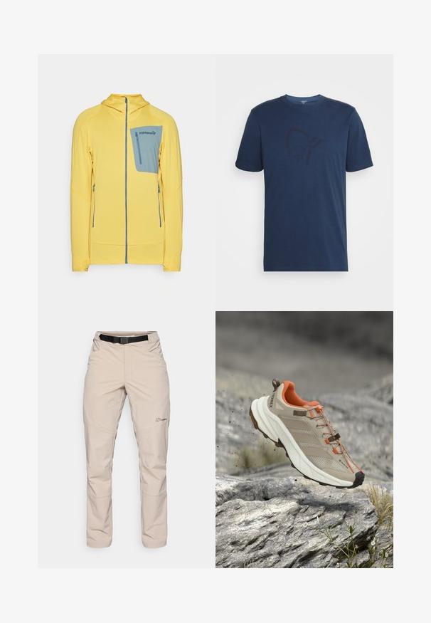 Gul zip-up jakke med et tekstureret mønster, der har en blå brystlomme og sidelommer. Hætte-design med kontrastdetaljer.; Norrøna /29 COTTON VIKING T-SHIRT - T-shirts print - indigo night/sky captain; Beige udendørs bukser med et sort bælte, lynlåslommer og lige ben. Fremstillet af letvægts, vandafvisende stof.; Beige og orange vandresko med tyk sål, GORE-TEX-mærke og "TERREX"-branding, vist over klippefyldt terræn.
