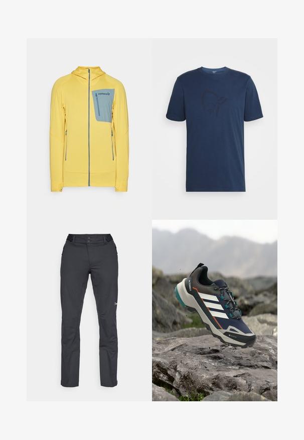 Geel zip-up jack met een gestructureerd patroon, voorzien van een blauwe borstzak en zijzakken. Met capuchon en contrastaccenten.; Norrøna /29 COTTON VIKING T-SHIRT - T-shirt print - indigo night/sky captain; Berghaus RIDGE ROAMER - Outdoorbroeken - black; Blauwe en grijze Adidas Terrex wandelschoen met witte strepen en Gore-Tex, hangend boven rotsachtig buitengebied met bergen op de achtergrond.