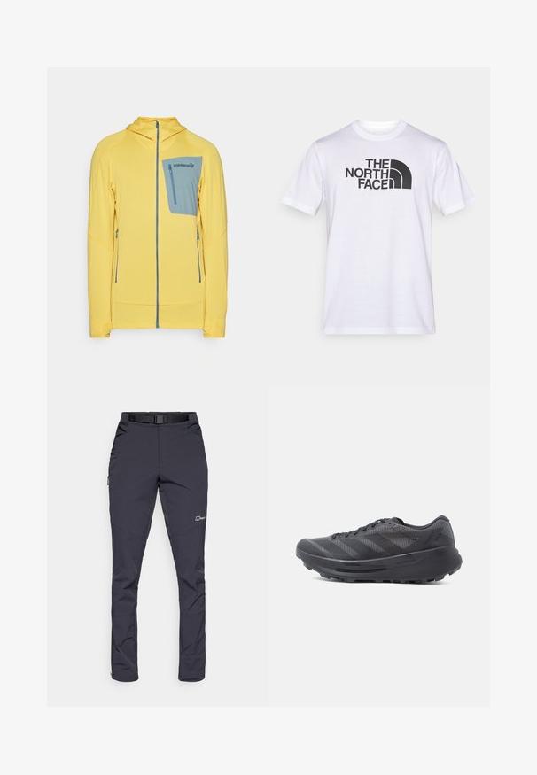 Veste zippée jaune avec un motif texturé, présentant une poche poitrine bleue et des poches latérales. Conception avec capuche et accents contrastés.; T-shirt en coton blanc avec un logo noir "THE NORTH FACE" et un élément de design incurvé. Manches courtes et col rond.; Pantalons résistants à l'eau en gris foncé, fabriqués en tissu durable. Les caractéristiques incluent une ceinture, des poches latérales et des ouvertures zippées aux chevilles.; Chaussure de course noire avec tige en mesh, superpositions texturées et semelle en caoutchouc épaisse. Comprend six œillets et un design à motifs.