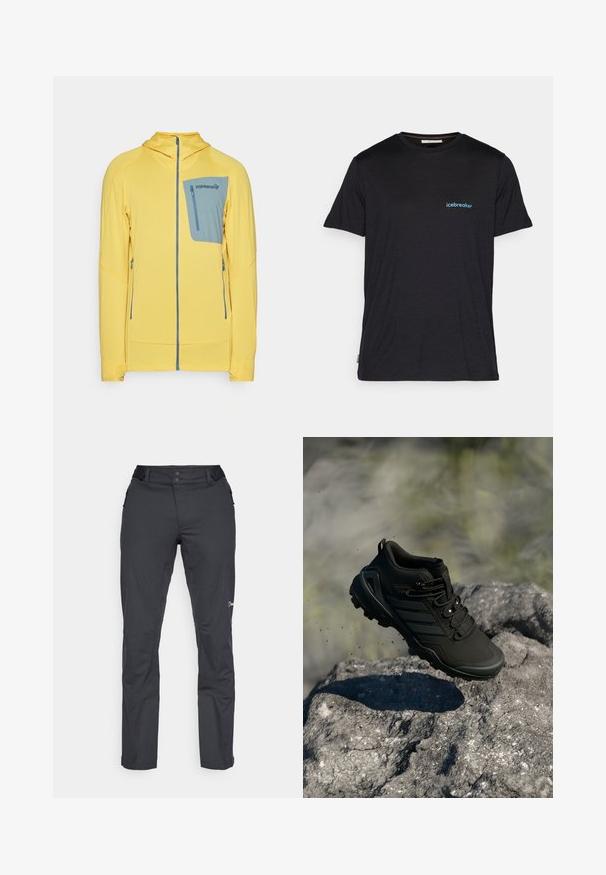 Gul zip-up jakke med et tekstureret mønster, der har en blå brystlomme og sidelommer. Hætte-design med kontrastdetaljer.; Sort kortærmet t-shirt lavet af blødt stof, med et lille blåt "icebreaker" logo på venstre brystområde. Regular fit design.; Berghaus RIDGE ROAMER - Outdoorbukser - black; Sort trail løbesko med robust sål svævende over en klippete overflade, jordpartikler synlige i udendørs omgivelser.
