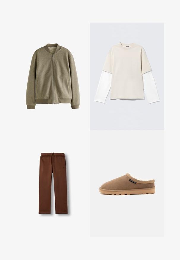 Olijfgroene bomberjack gemaakt van zachte stof, met een ritssluiting, geribde manchetten en zijzakken. De binnenkant heeft een pluche voering.; Beige T-shirt met korte mouwen, gedragen over een wit shirt met lange mouwen, ronde hals en een "WEEKDAY" label in de kraag.; Bruine casual joggingbroek met een elastische tailleband en koord, met zijzakken en een klein geborduurd logo op de linkerheup.; Bruine instap pantoffel met beige zool en witte pluizige voering, zijlabel met Quiksilver-logo, weergegeven in profiel op effen achtergrond.