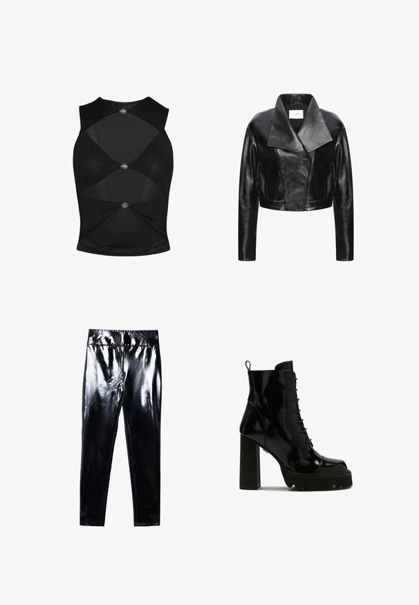 Veste en cuir noir coupée avec un large col, fermeture à boutons et finition lisse ; présente des épaulettes structurées et des manches slim.; Top sans manches noir avec un design ajusté. Présente des sections découpées et des éléments métalliques décoratifs au centre et sur les côtés. Texture douce.; Leggings noirs à finition brillante présentant une surface lisse et glossy. Taille élastique et design ajusté avec une forme de jambe effilée.; Bottines en cuir verni noir avec un talon épais, à lacets à l'avant et à semelle texturée. Comprend une plateforme noire unie et un bout arrondi.